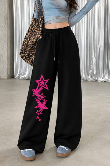 Black Shocking Pink Stars Wide Leg Baggy Terry Trouser for her (RX-570)