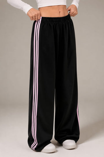 Black With 4 Pink Stripes Wide Leg Baggy Terry Trouser for her (RX-561)