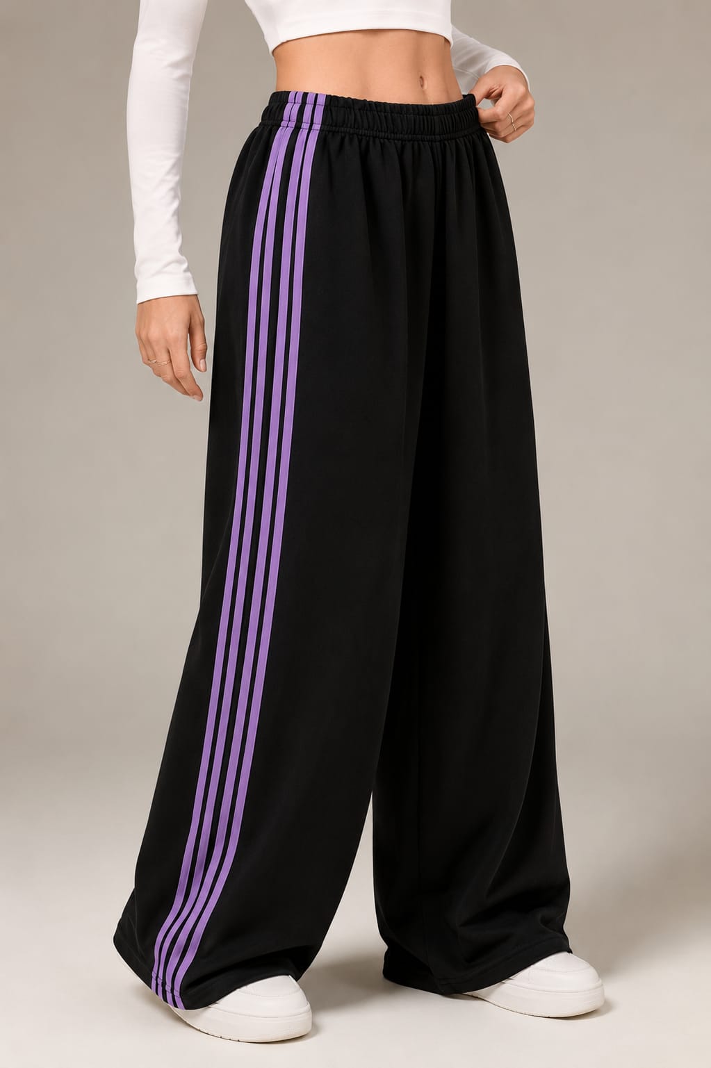 Black With 4 Purple Stripes Wide Leg Baggy Terry Trouser for her (RX-566)