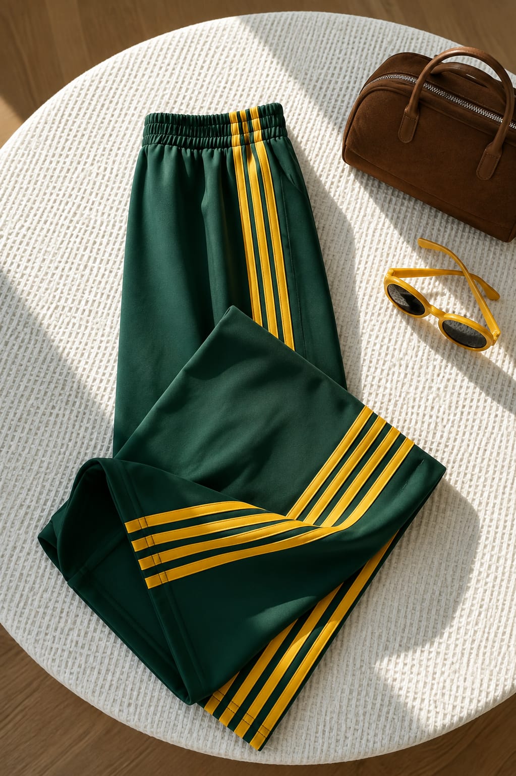Green With 4 Yellow Stripes Wide Leg Baggy Terry Trouser for her (RX-564)