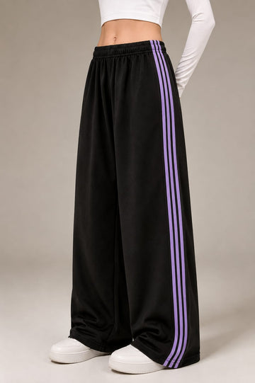 Black With 4 Purple Stripes Wide Leg Baggy Terry Trouser for her (RX-566)