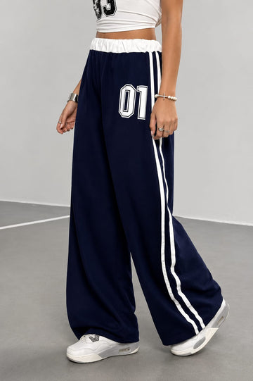 Navy Blue 01 With Two White Stripes Wide Leg Baggy Terry Trouser for her (RX-567)