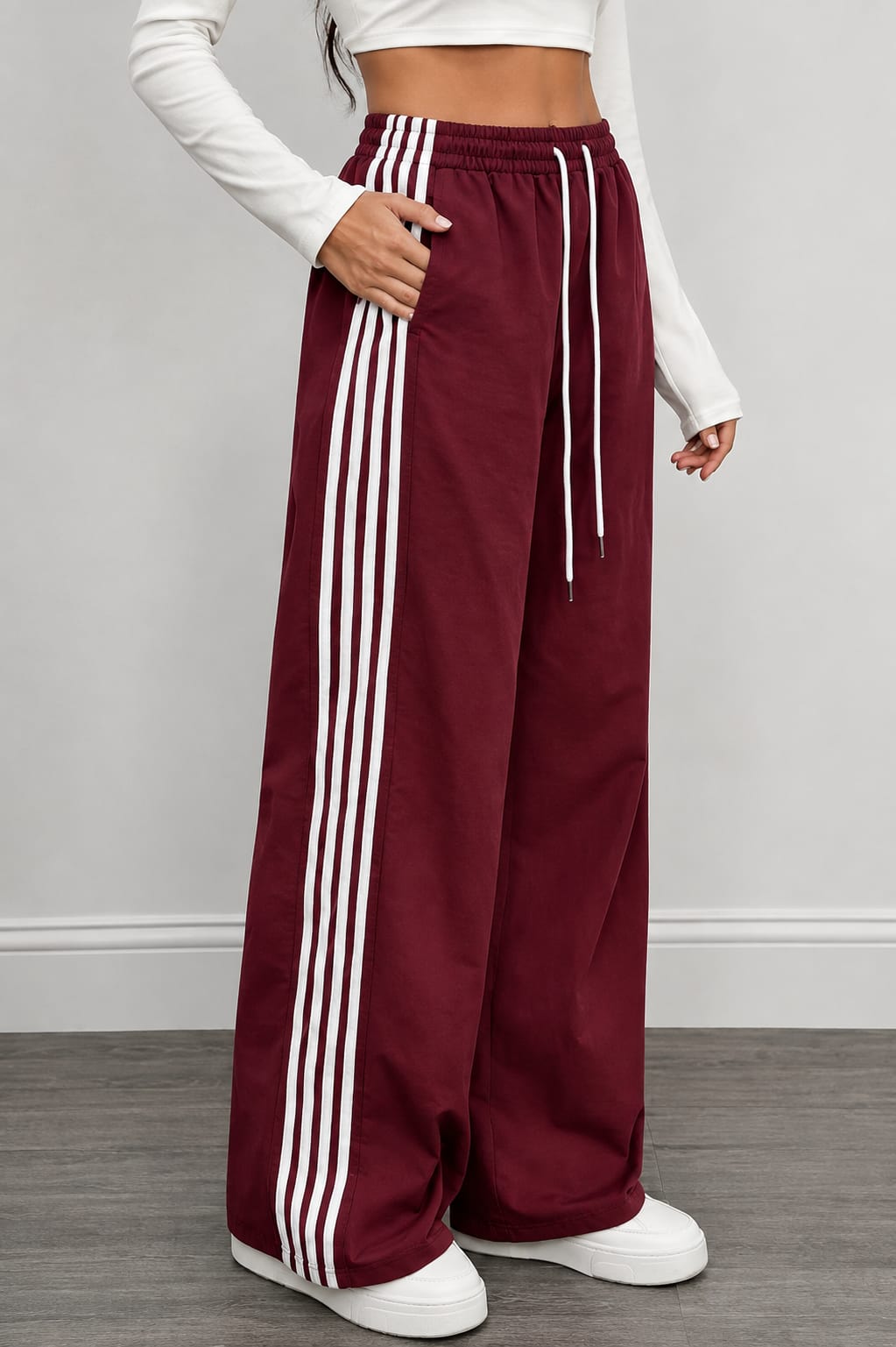 Maroon With 4 White Stripes Wide Leg Baggy Terry Trouser for her (RX-560)