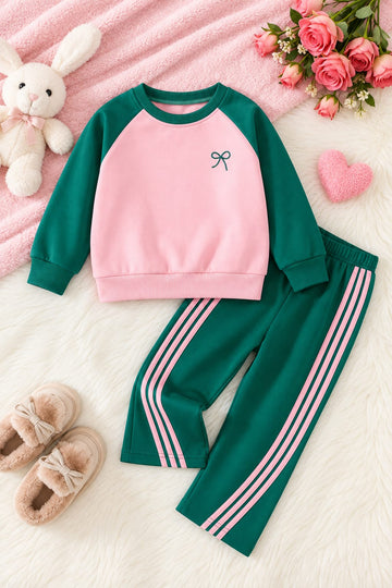 Pink With Green Sleeves Small Bow Printed Track Suit (RX-578)