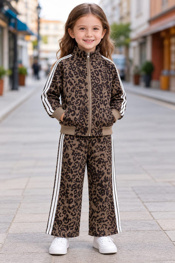 Brown Cheetah With White Stripes Zipper Track Suit (RX-581)