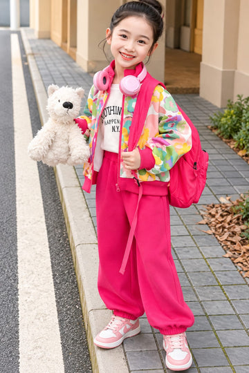 Shocking Pink With Multi Color Flowers Zipper Track Suit (RX-582)