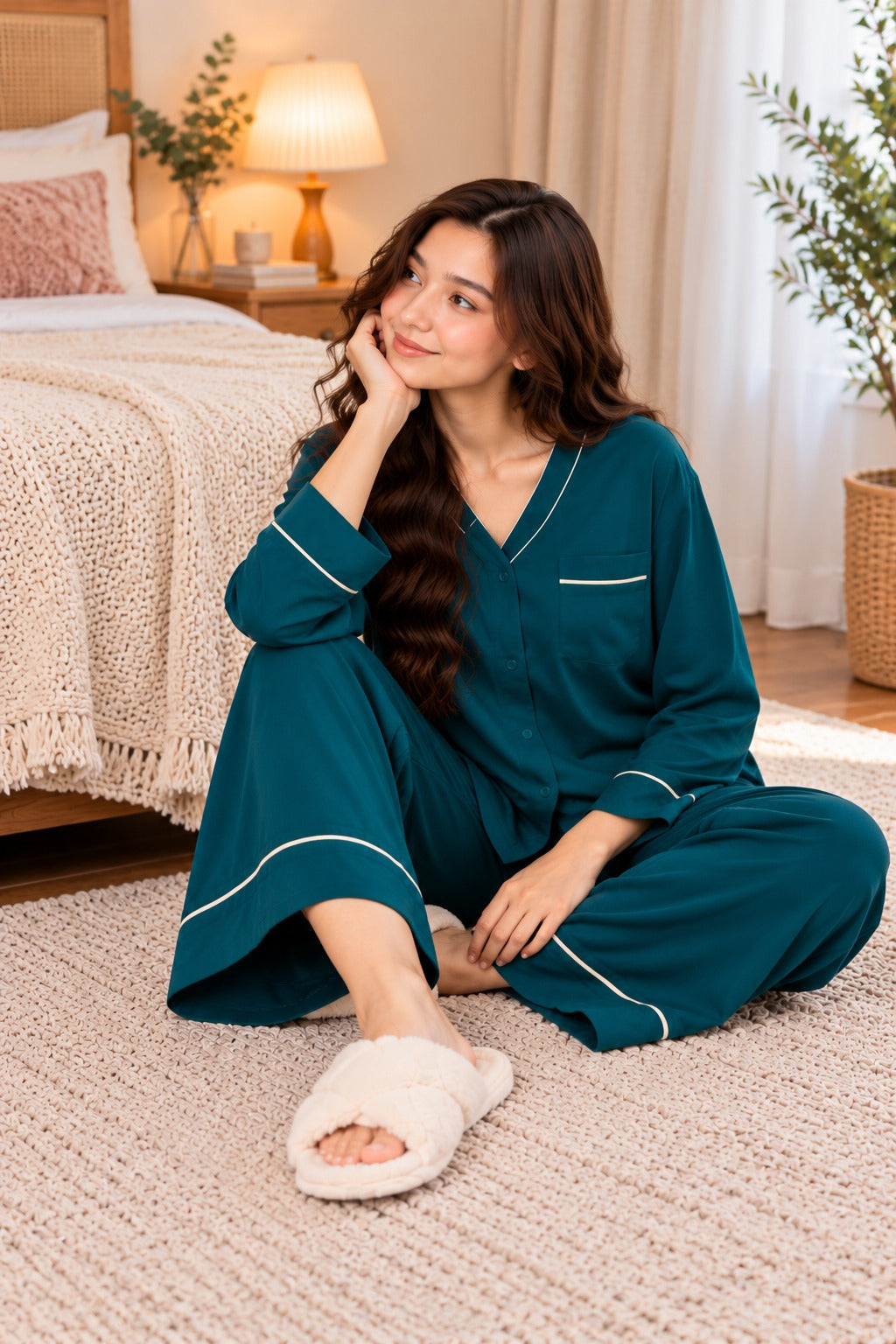 Teal Green With White Pipin V-Neck Button Linen PJ Set For Her (RX-595)