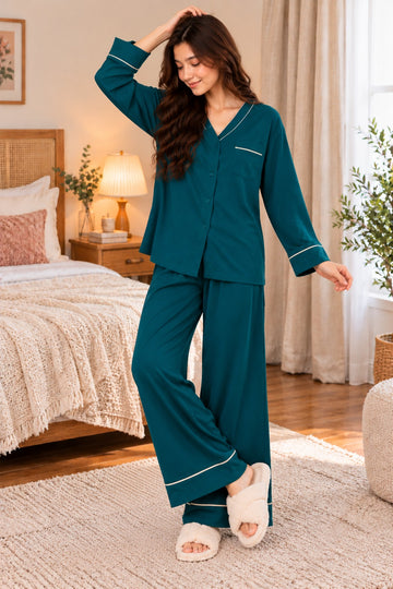 Teal Green With White Pipin V-Neck Button Linen PJ Set For Her (RX-595)