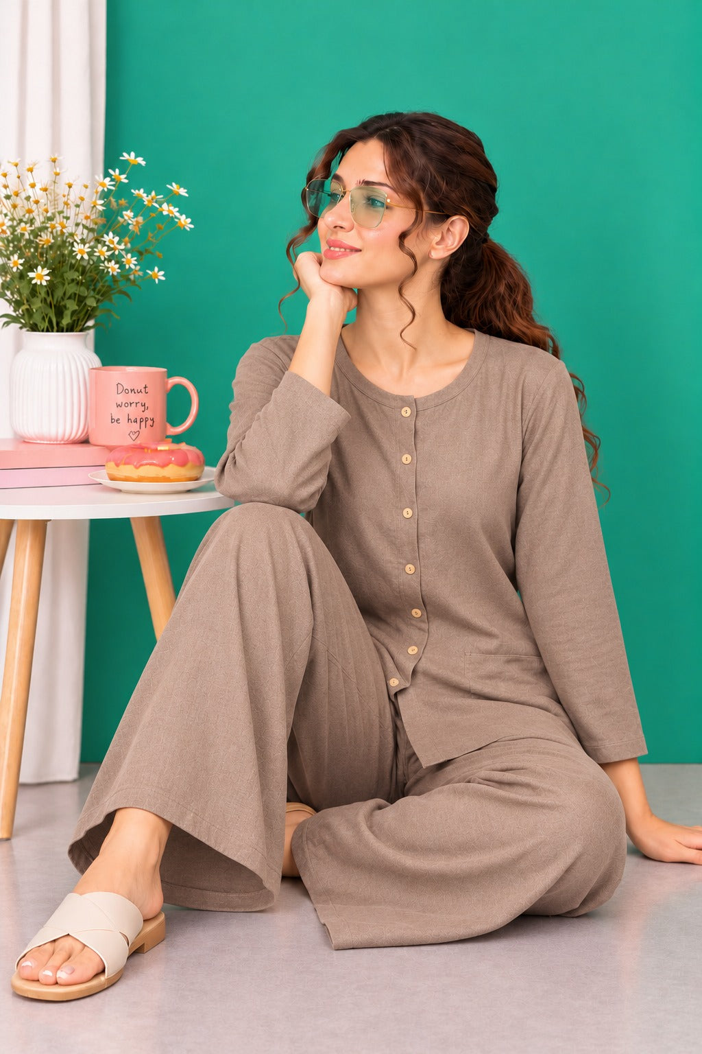 Light Brown Neck Button Style Linen PJ Set For Her (RX-602)