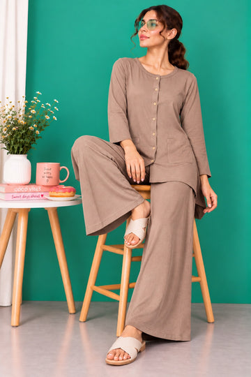 Light Brown Neck Button Style Linen PJ Set For Her (RX-602)