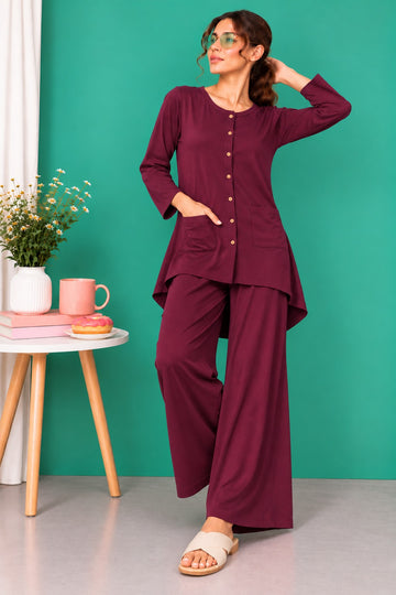 Maroon Round Neck Button Style Linen PJ Set For Her (RX-601)