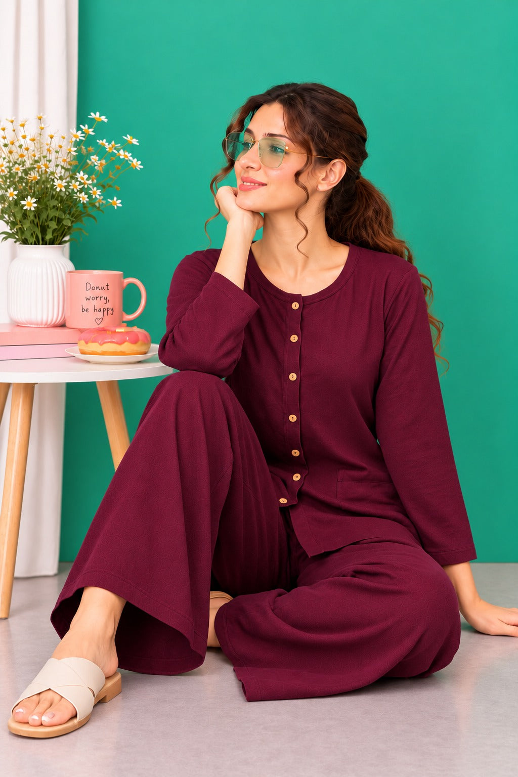 Maroon Round Neck Button Style Linen PJ Set For Her (RX-601)