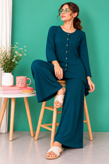 Teal Green Round Neck Button Style Linen PJ Set For Her (RX-600)