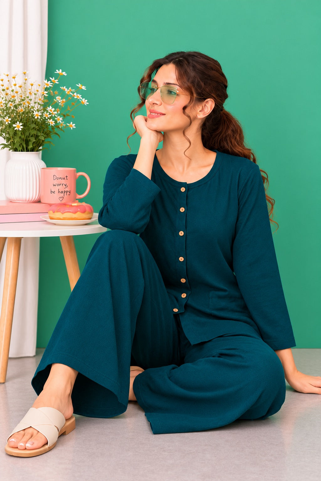 Teal Green Round Neck Button Style Linen PJ Set For Her (RX-600)