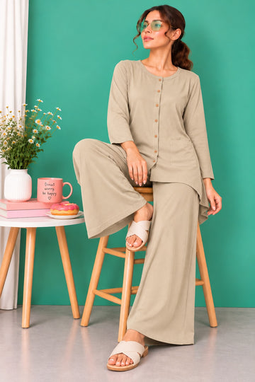 Beige Round Neck Button Style Linen PJ Set For Her (RX-599)
