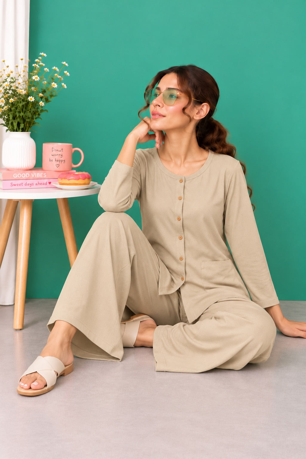 Beige Round Neck Button Style Linen PJ Set For Her (RX-599)