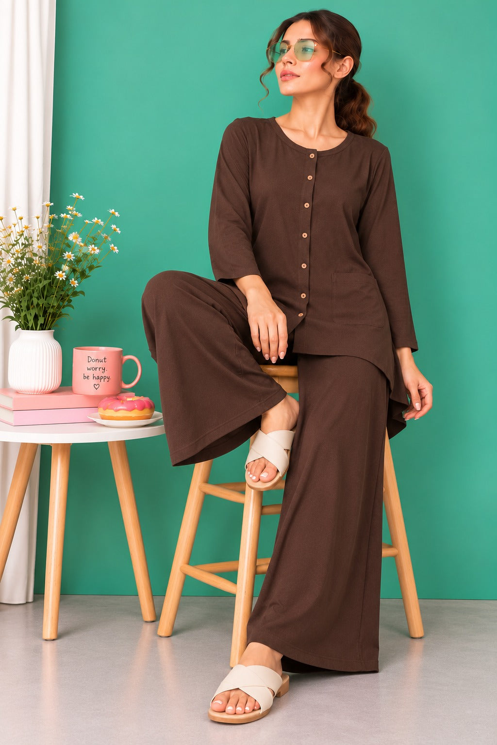 Dark Brown Round Neck Button Style Linen PJ Set For Her (RX-598)