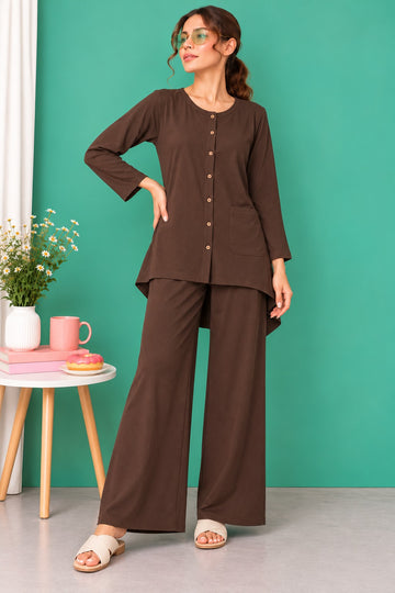 Dark Brown Round Neck Button Style Linen PJ Set For Her (RX-598)
