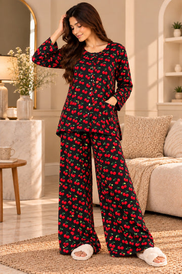 Black Red Cherry Round Neck Button Style Linen PJ Set For Her (RX-608)