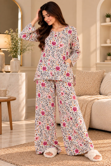 Safari Bloom Round Neck Button Style Linen PJ Set For Her (RX-606)