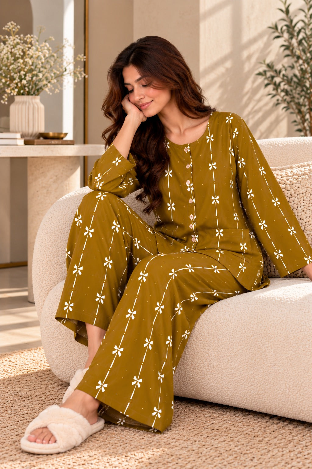 Olive Bows Lining Round Neck Button Style Linen PJ Set For Her (RX-604)