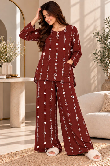 Maroon Bows Lining Round Neck Button Style Linen PJ Set For Her (RX-605)