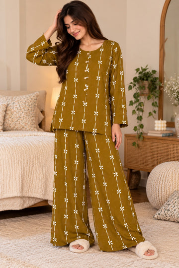 Olive Bows Lining Round Neck Button Style Linen PJ Set For Her (RX-604)