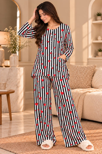 Black And White Stripe and Hearts Round Neck Button Style Linen PJ Set For Her (RX-603)