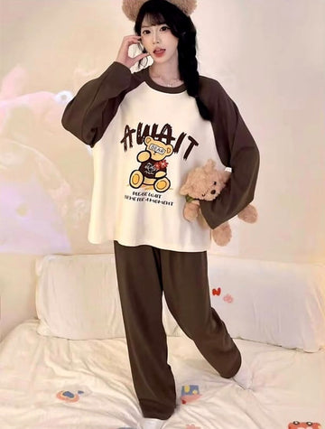 Brown And Off White Bear Pj Set For Her (RX-611)