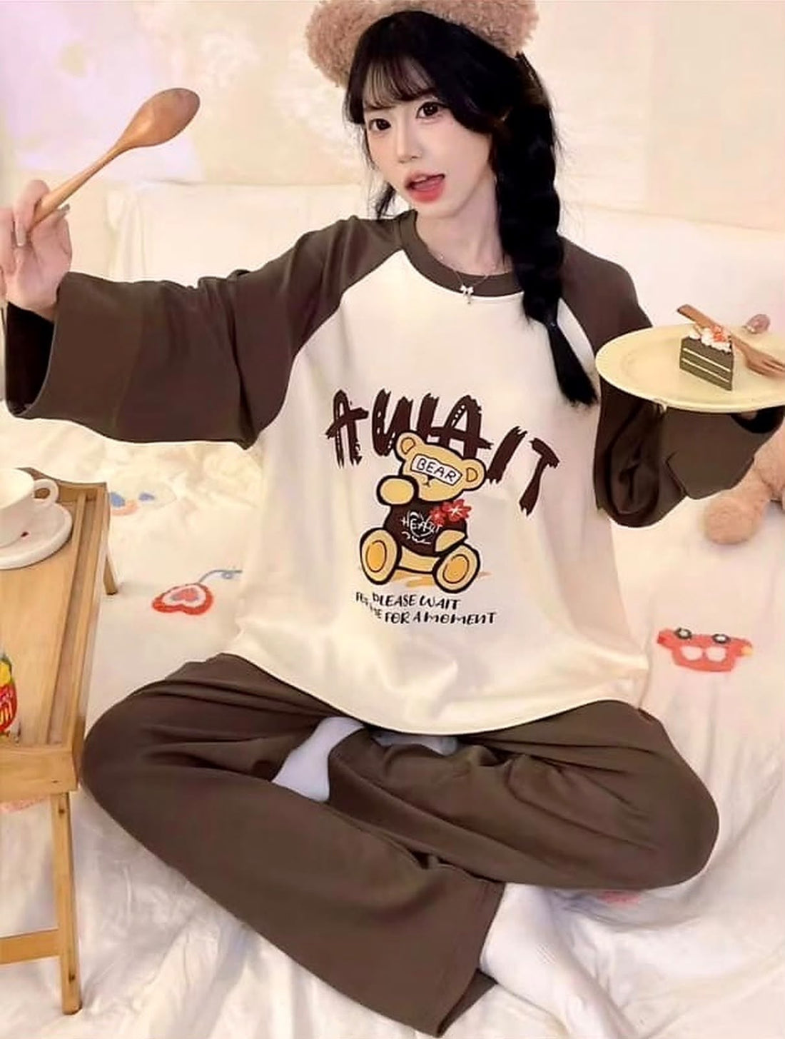 Brown And Off White Bear Pj Set For Her (RX-611)