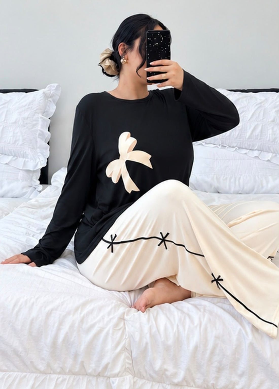 Black With Off White Ribbon Pj Set For Her (RX-612)