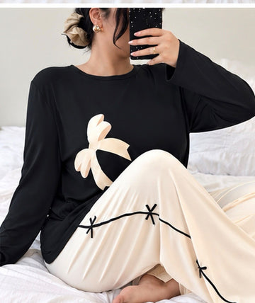 Black With Off White Ribbon Pj Set For Her (RX-612)
