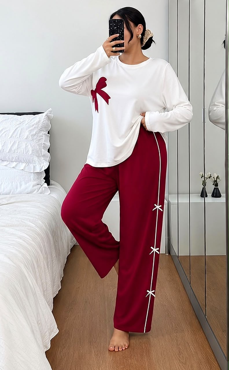 White With Maroon Ribbon Pj Set For Her (RX-613)