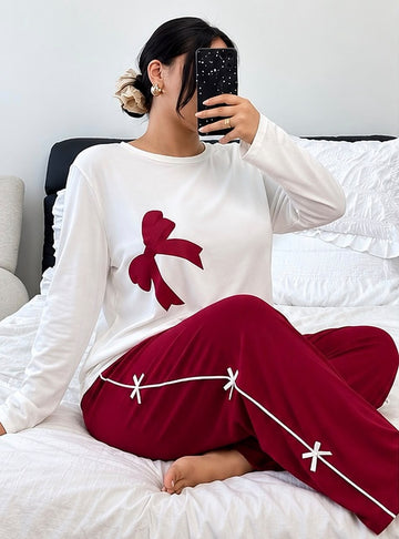 White With Maroon Ribbon Pj Set For Her (RX-613)