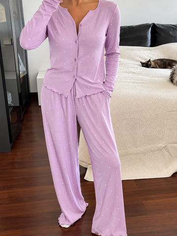 Lavender Polka Dot Button style Pj Set For Her (RX-614)