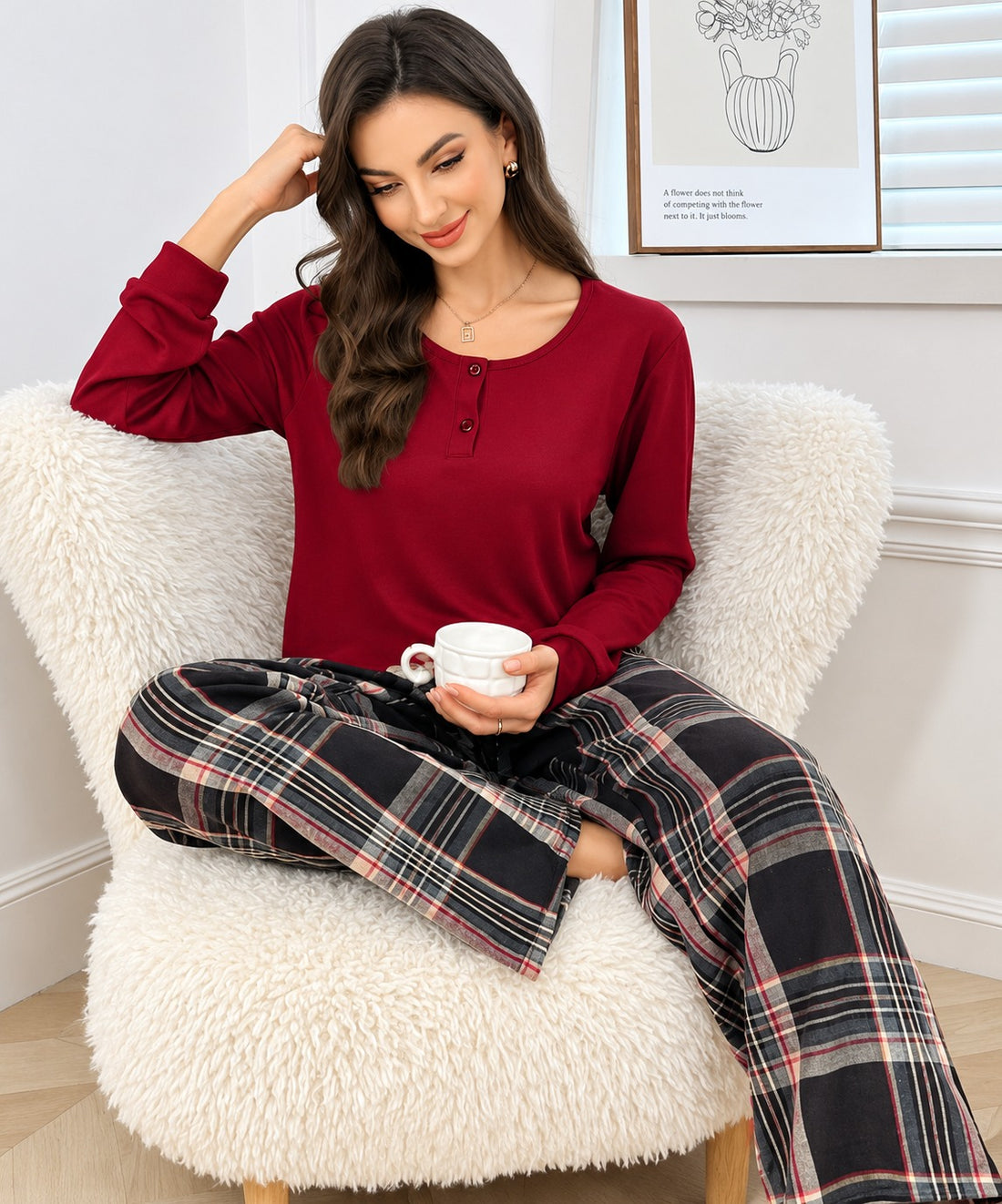 Maroon Henley And Checkered Plazzo Pj Set For Her (RX-615)