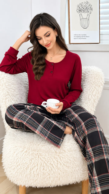 Maroon Henley And Checkered Plazzo Pj Set For Her (RX-615)