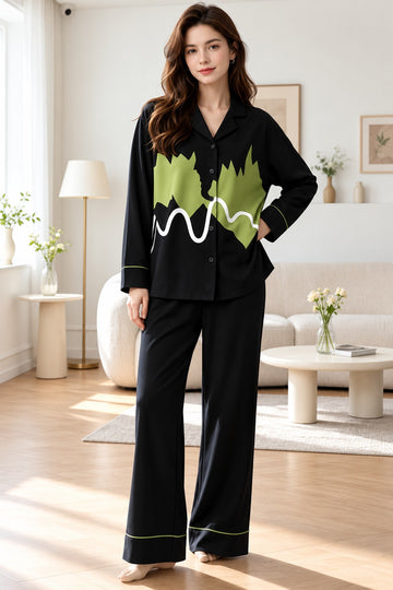 Black And Green Noir Wave Art Button Style Pj Set For Her (RX-618)