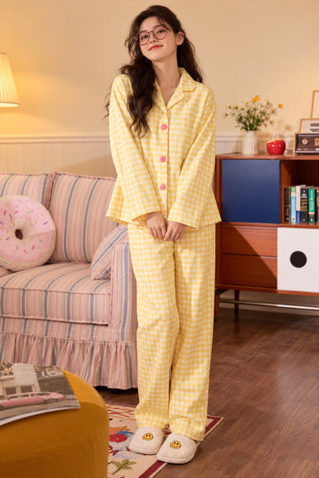 Butter Yellow Small Check Button Style Pj Set For Her (RX-621)