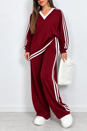 Maroon & White Double Stripe V-Neck Fleece Track Suit (RX-624)