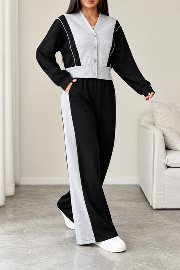 Black & Grey V-Neck Button Fleece Track Suit (RX-622)