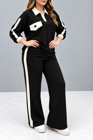 Black & White Stripe Heart Printed Collar Track Suit (RX-627)