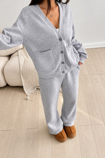 Light Grey V-Neck Button Pocket Fleece Track Suit (RX-626)
