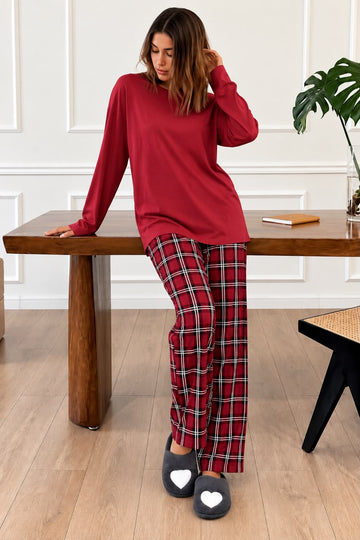 Red Round Neck Shirt And Checkered Plazzo Pj Set For Her (RX-634)
