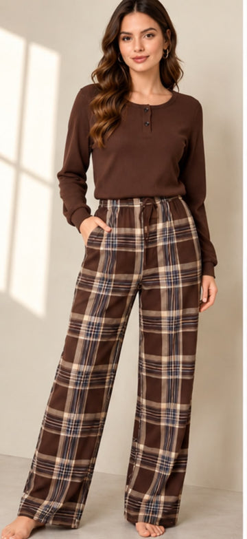 Brown Henley And Checkered Plazzo Pj Set For Her (RX-633)