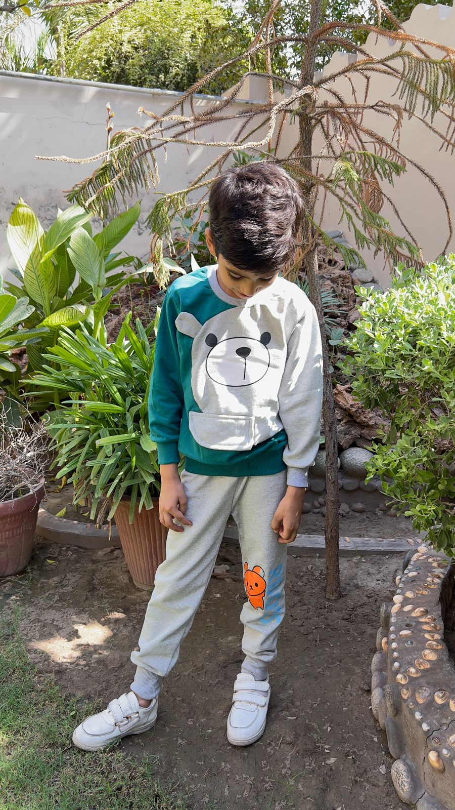 Green With Grey Bear Sweatshirt With Trouser For Kids (RX-232)