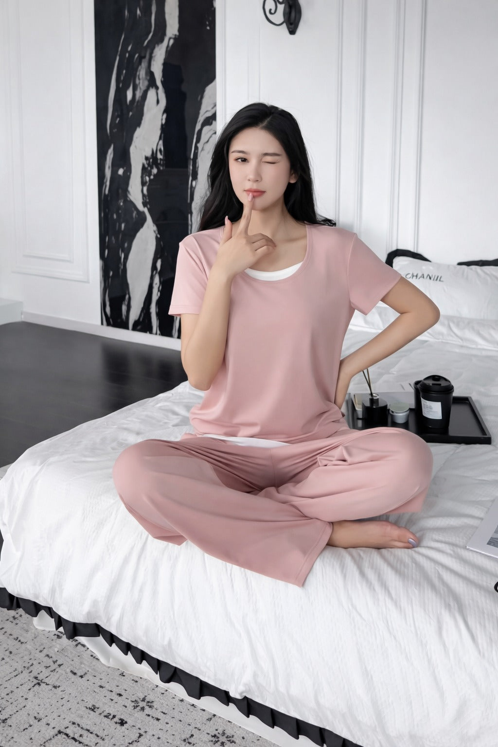 (New) Pink with white Round Neck Half sleeves with plazo night suit