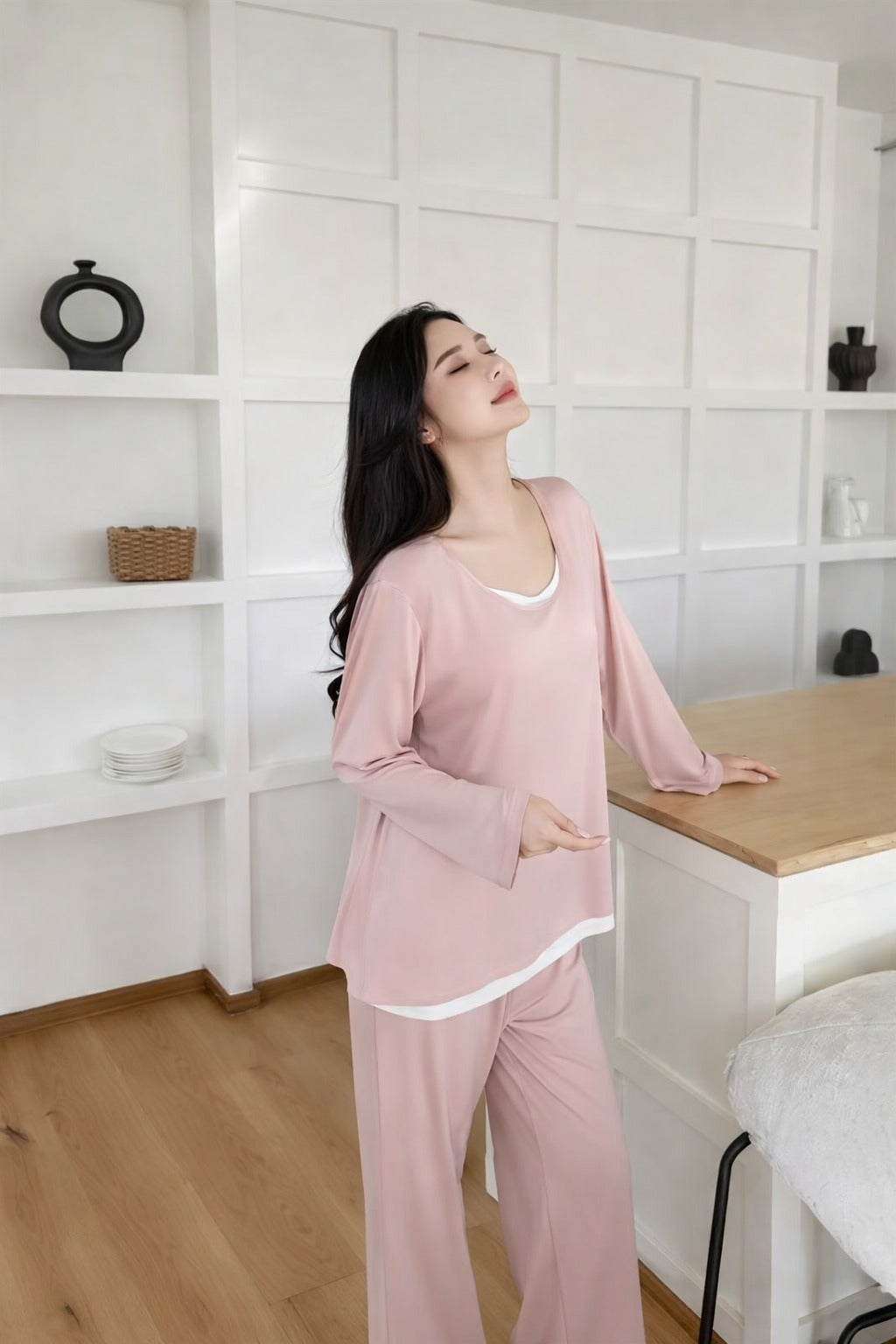 (New) Pink with white Round Neck full sleeves with plazo night suit
