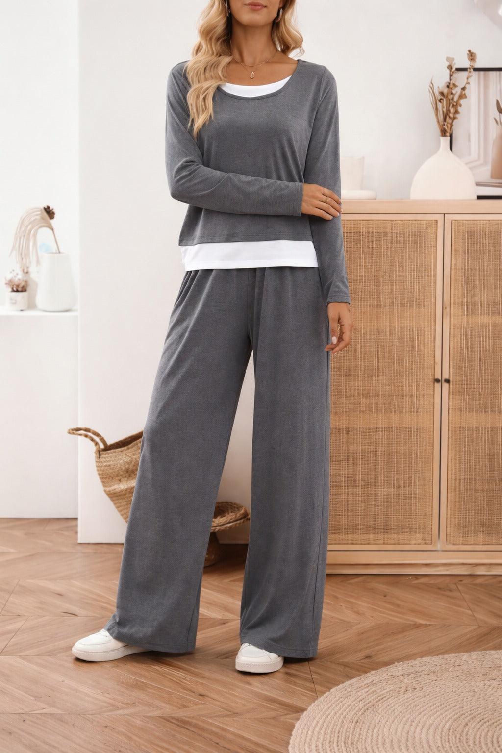 Grey with White Bottom line Plain plazzo night suit for her