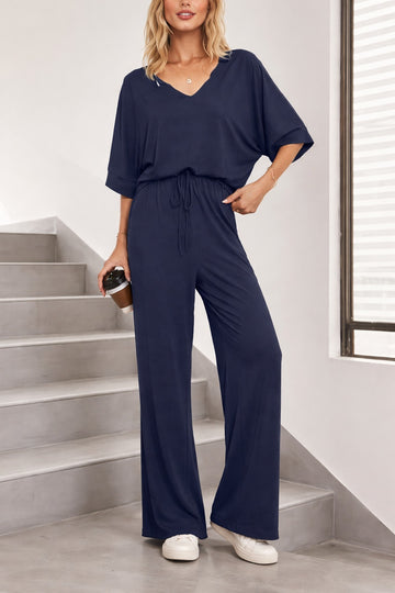 (New) Navy Blue V Neck plain Half Sleeves night suit with plazo pajama